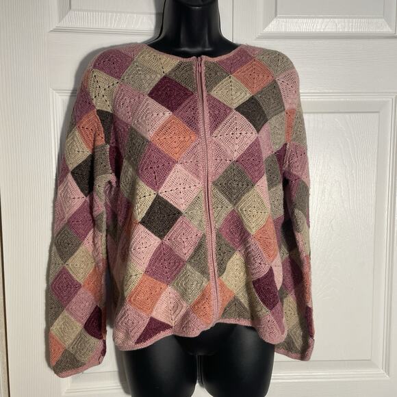 Talbots Sweaters - Vintage Y2K Talbots Cardigan‎ Women Large Petite Pink Tan Crochet Patchwork Top